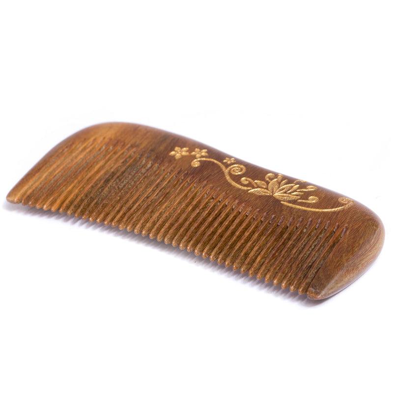 Breezelike No Static Sandalwood Fine Tooth Comb with Golden Painted Flower