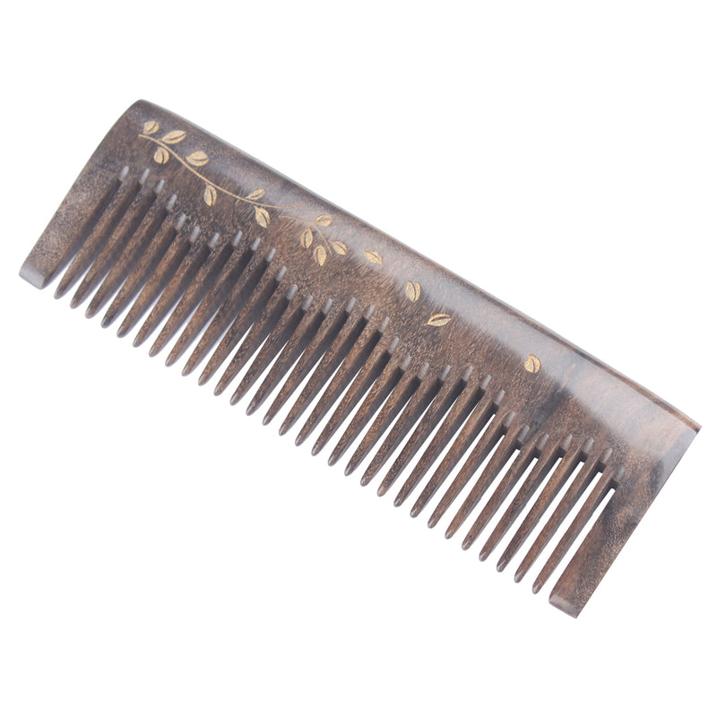 Breezelike No Static Rectangular Chacate Preto Wood Comb with Painted Golden Leaves