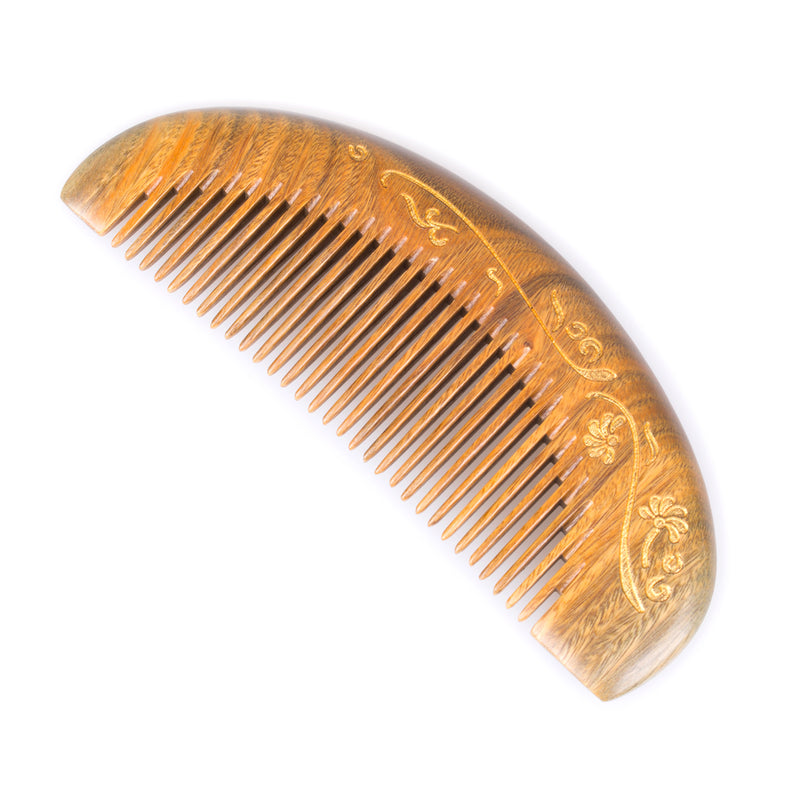 Breezelike No Static Sandalwood Moon Shaped Fine Tooth Comb with Golden Painted Flower