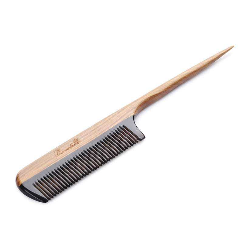Breezelike No Static Black Buffalo Horn Comb Rat Tail Comb with Sandalwood Handle