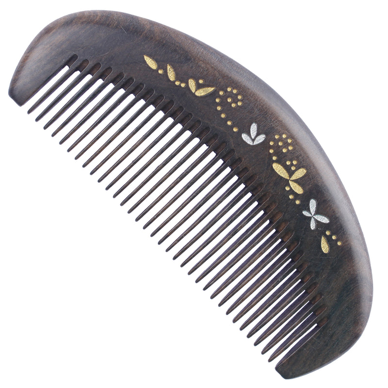 Breezelike No Static Small Curving Chacate Preto Wood Pocket Comb with Painted Flowers