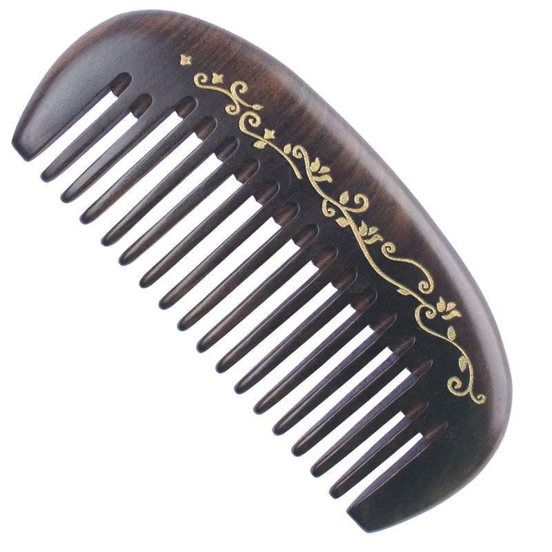 Breezelike No Static Small Chacate Preto Wood Pocket Comb with Painted Golden Flowers