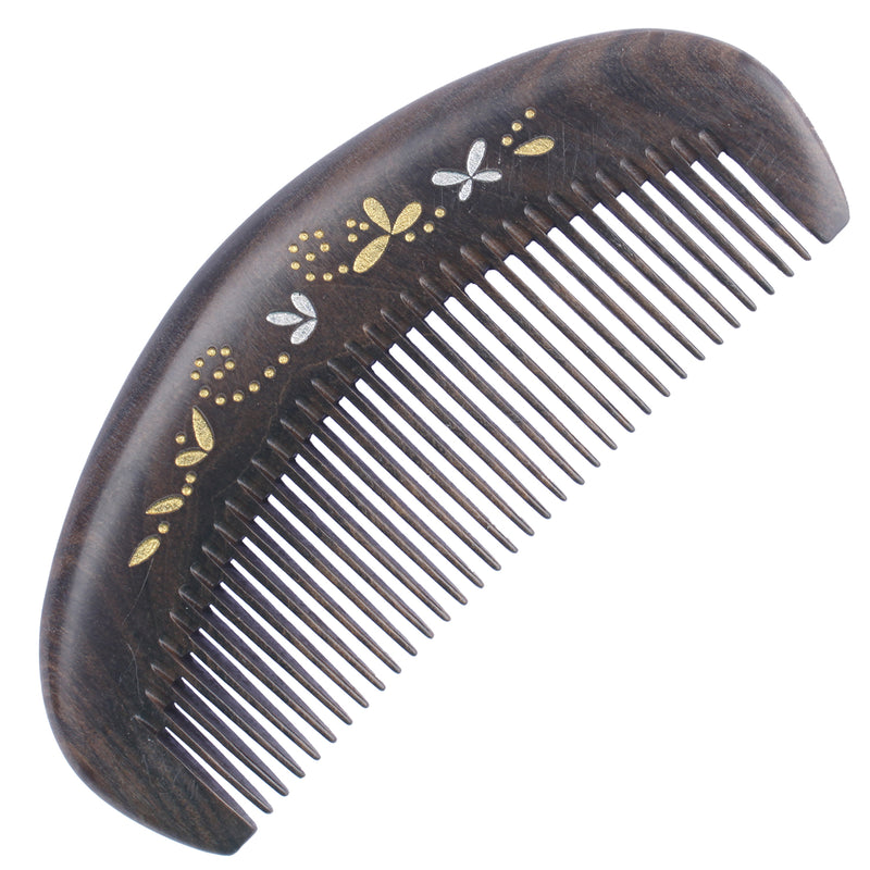 Breezelike No Static Small Curving Chacate Preto Wood Pocket Comb with Painted Flowers