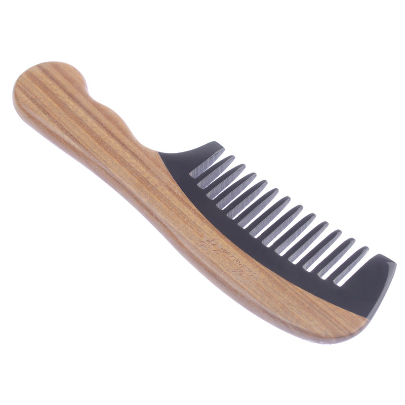 Breezelike No Static Black Buffalo Horn Wide Tooth Comb with Wavy Green Sandalwood Handle