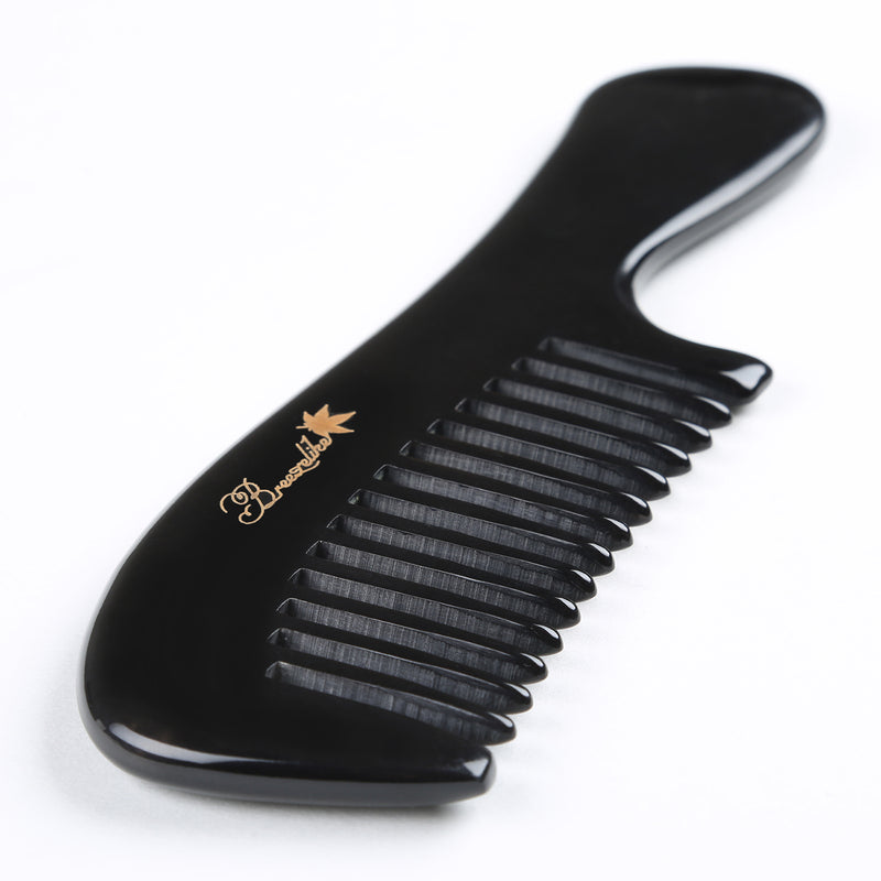 Breezelike No Static Round Handle Black Buffalo Horn Wide Tooth Comb