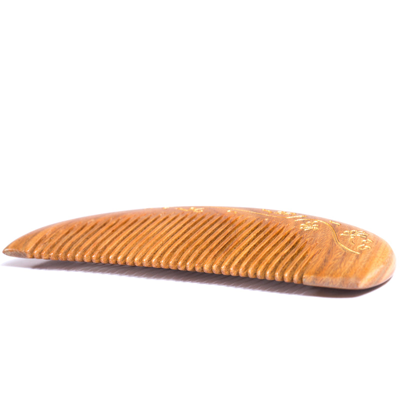 Breezelike No Static Sandalwood Moon Shaped Fine Tooth Comb with Golden Painted Flower