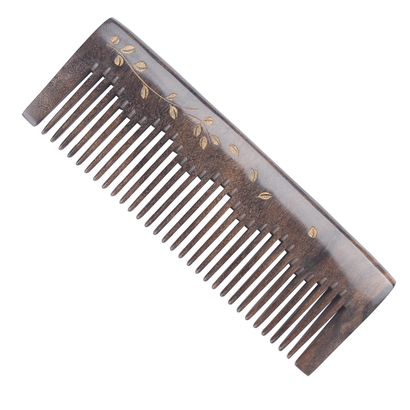 Breezelike No Static Rectangular Chacate Preto Wood Comb with Painted Golden Leaves