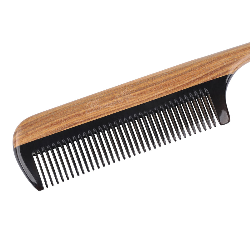 Breezelike No Static Black Buffalo Horn Comb Rat Tail Comb with Sandalwood Handle