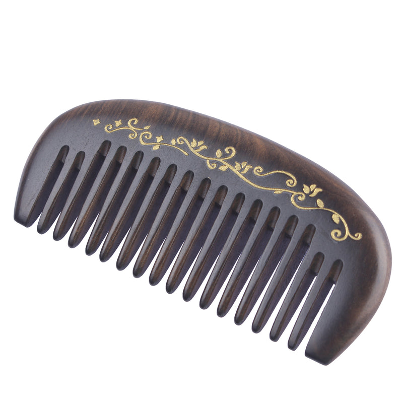 Breezelike No Static Small Chacate Preto Wood Pocket Comb with Painted Golden Flowers