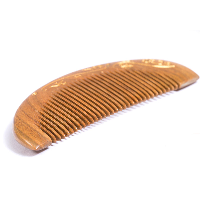 Breezelike No Static Sandalwood Moon Shaped Fine Tooth Comb with Golden Painted Flower