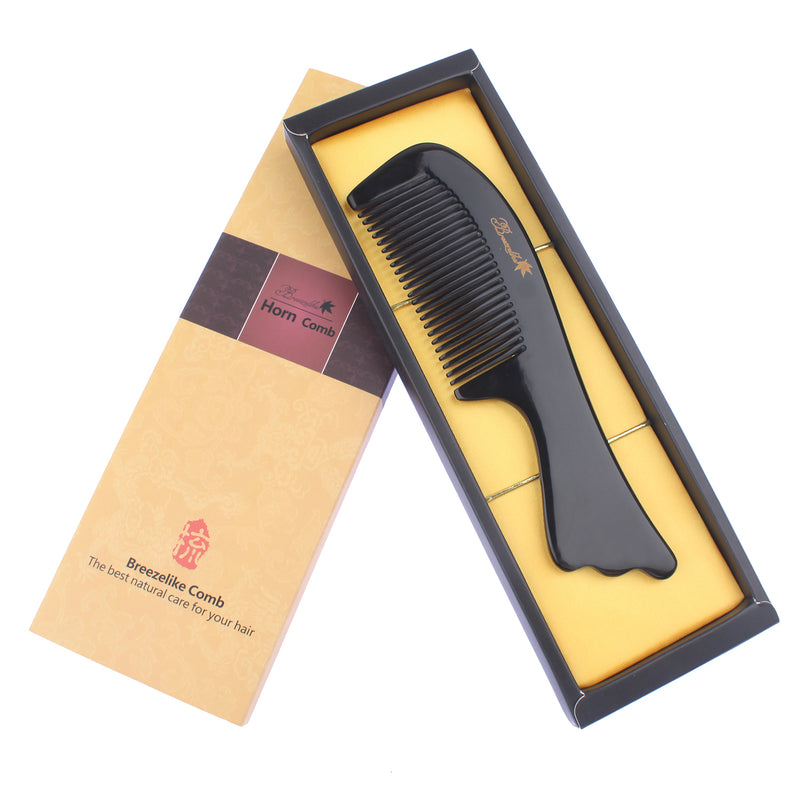 Breezelike No Static Fish Tail Handle Black Buffalo Horn Comb