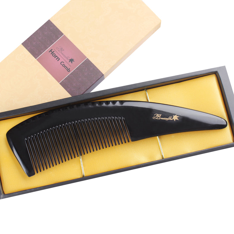 Breezelike No Static Big Size Natural Shaped Black Buffalo Horn Fine Tooth Comb
