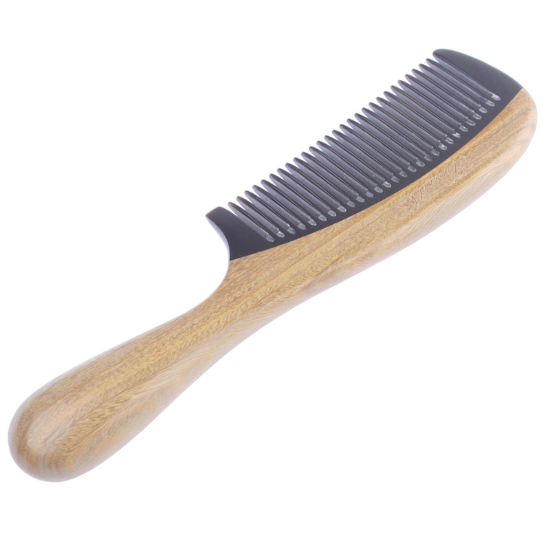 Breezelike No Static Black Buffalo Horn Fine Tooth Comb with Round Sandalwood Handle