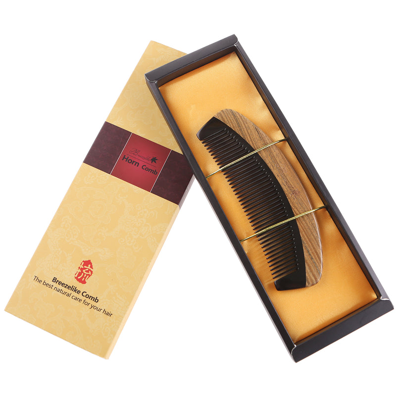 Breezelike No Static Handleless Black Buffalo Horn with Green Sandalwood Fine Tooth Comb